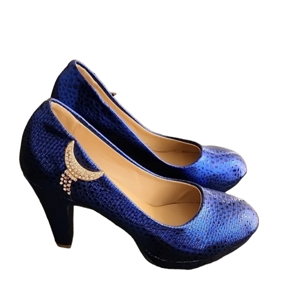 METALLIC COBALT BLUE VEGAN Platform Pumps 8 Heels Gold CZ Moon Charms Chunky - Picture 7 of 16